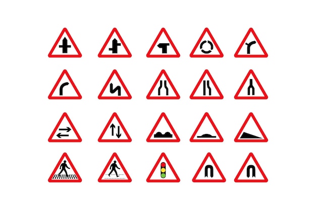 una colección de señales de advertencia de tráfico vial