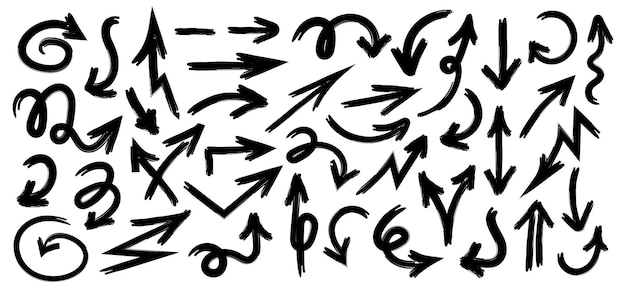 Colección de señales de flecha dibujadas a mano en diferentes direcciones con una línea Conjunto de diferentes elementos de diseño con textura garabateada Flechas negras que muestran direcciones Ilustración vectorial aislada