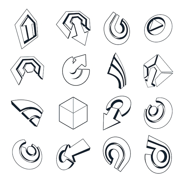 Colección de señales multimedia vectoriales aisladas sobre fondo blanco. Los elementos de diseño abstracto en blanco y negro 3d se pueden utilizar en diseño web y gráfico y como símbolos de marketing.