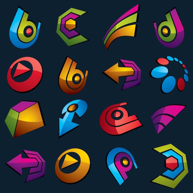 Colección de señales multimedia vectoriales aisladas sobre fondo negro. Elementos de diseño abstracto coloridos 3d, se pueden utilizar en diseño web y gráfico y como símbolos de marketing.