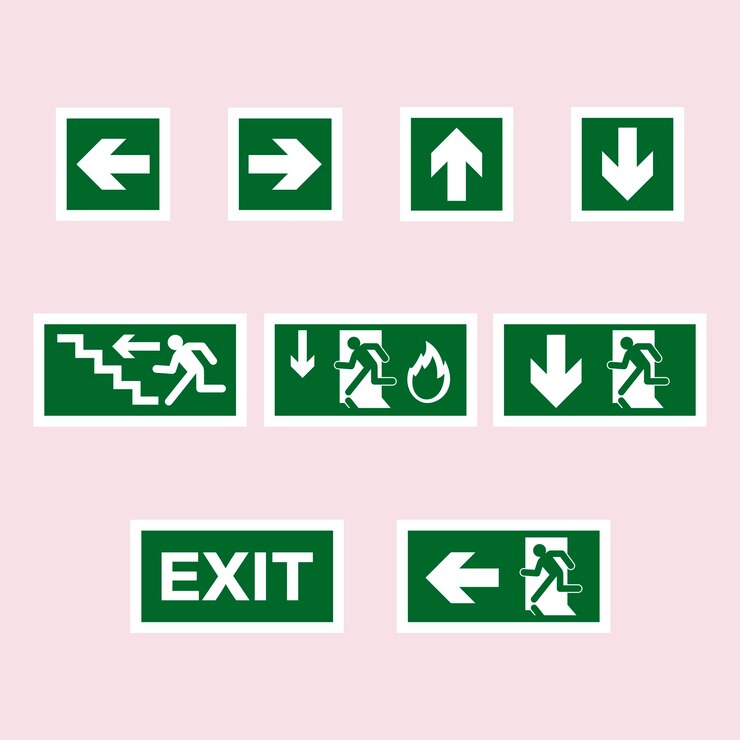 Vector colección de señales de salida de emergencia verdes y blancas
