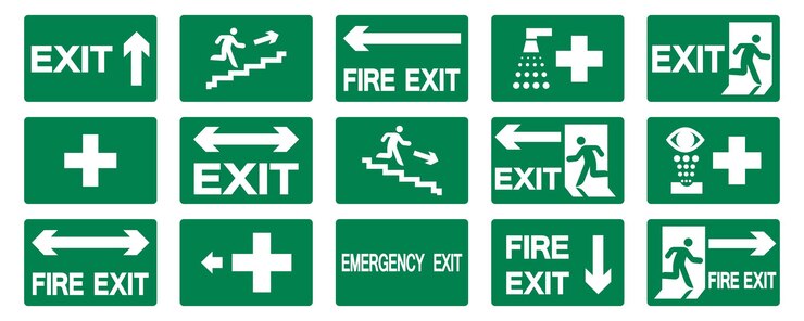 Vector colección de señales de salida en verde conjunto de señales verdes de salida de emergencia de incendios símbolos de salida de emergencias en tablero rectangular verde