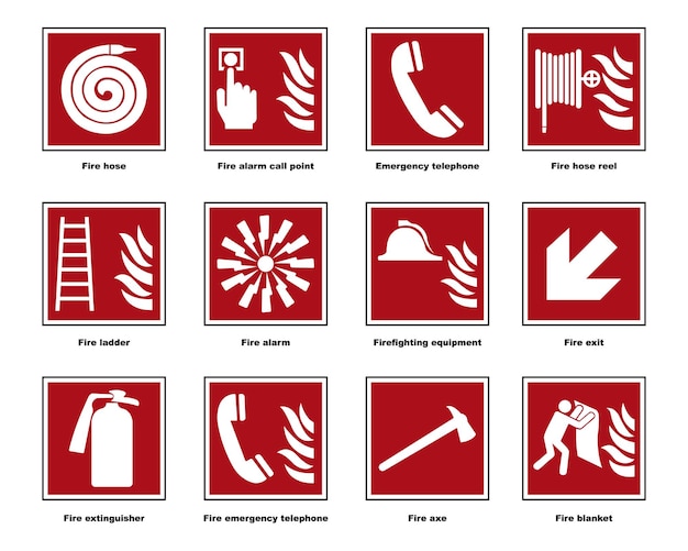Colección de señales de seguridad contra incendios Señales de emergencia contra incendios en rojo Colección de símbolos de advertencia contra incendios
