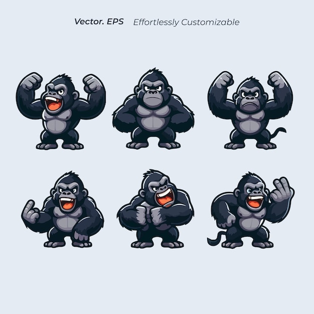 Colección Set Gorilla en estilo de dibujos animados con varias acciones Ilustración mascota vectorial