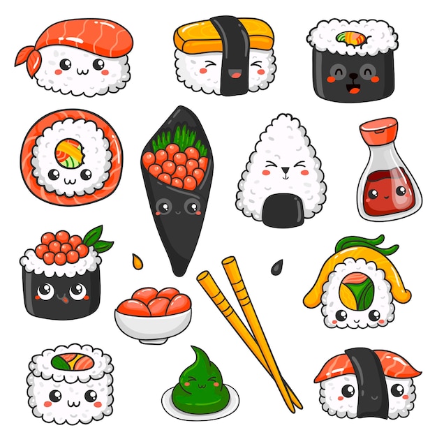 Vector colección de set de sushi kawaii