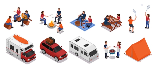 Colección de sets originales de barbacoa de picnic isométrica con personas almorzando y campistas