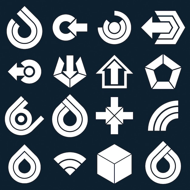 Colección de signos multimedia blancos vectoriales aislados en fondo negro. Elementos de diseño abstracto monocromático plano, se pueden utilizar en diseño web y gráfico y como símbolos de marketing.