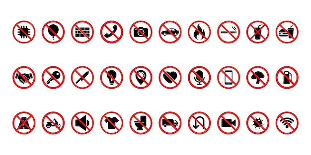 Colección de signos y símbolos de prohibición con acciones prohibidas