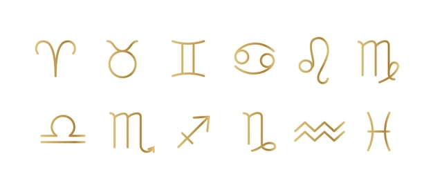 Colección de signos del zodiaco lineales dorados aislados sobre un fondo blanco
