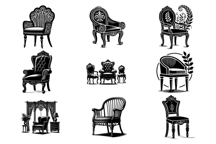 Colección de sillas antiguas en ilustración en blanco y negro