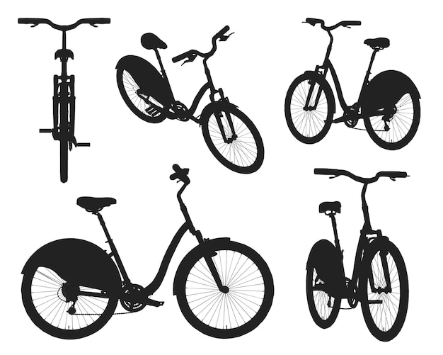 Colección de silueta de bicicleta de ciudad aislada en diferentes vistas