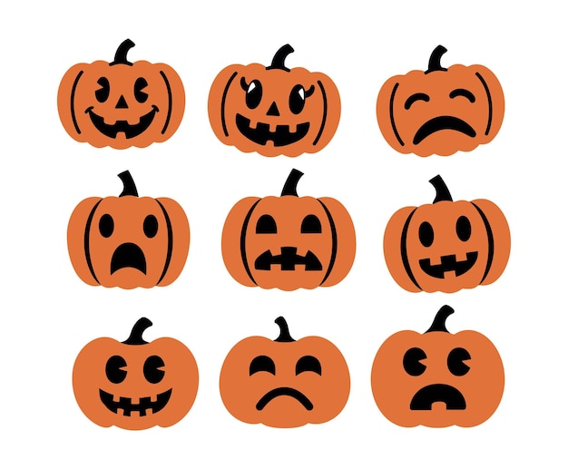 Una colección de silueta de calabaza feliz triste y sorprendido