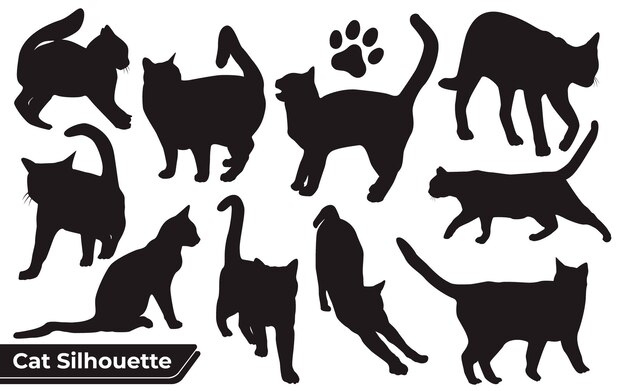 Colección de silueta de gatos en diferentes posiciones.