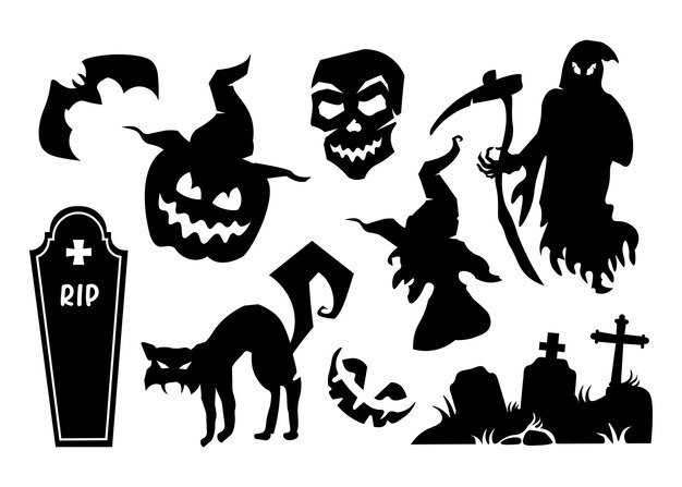 Colección de silueta de vector de paquete de gato de cementerio de halloween