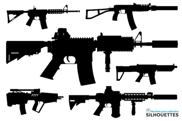 Colección de siluetas aisladas de metralletas en diferentes vistas