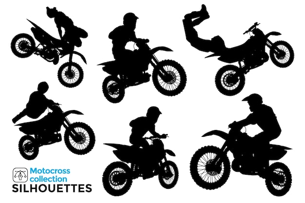 Colección de siluetas aisladas de motociclistas conduciendo motocross extremo