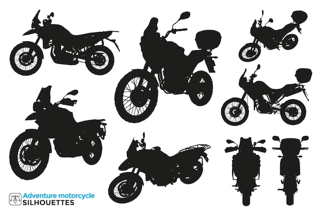 Colección de siluetas aisladas de motos de aventura en diferentes vistas.