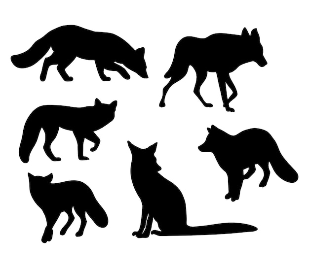 Colección siluetas animales salvajes del bosque zorro y lobo Vector mano dibujos depredadores