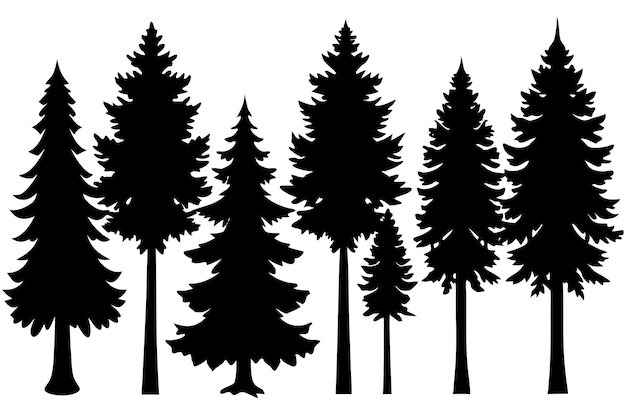 Colección de siluetas de árboles forestales Pinos con fondos panorámicos de patrón horizontal