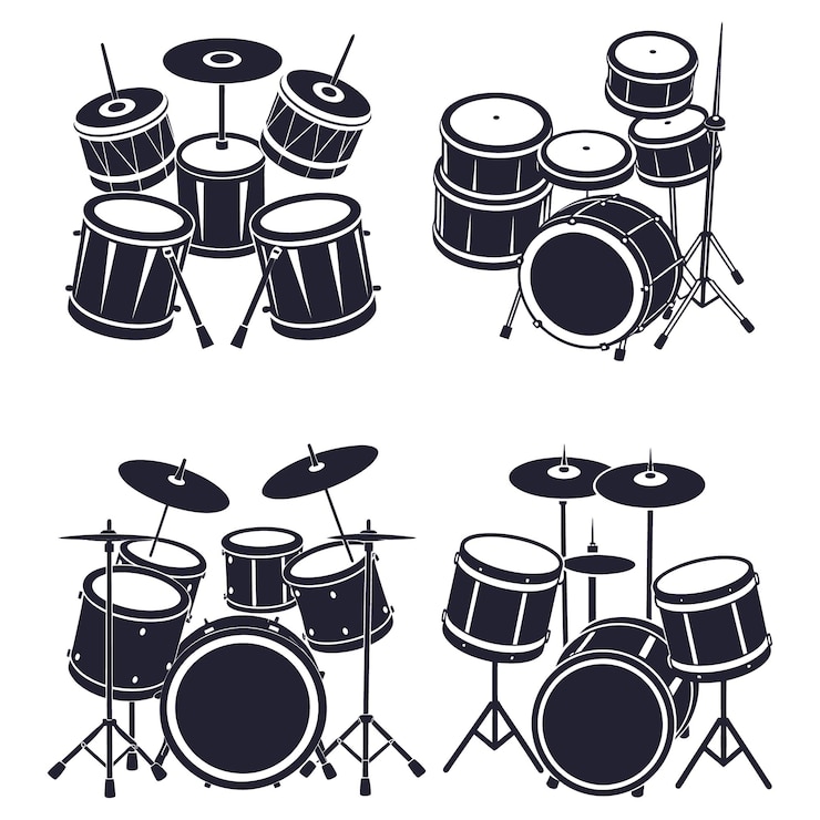 Vector colección de siluetas de bateristas dibujadas a mano
