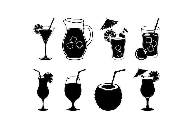 Colección de siluetas de bebidas de cócteles tropicales