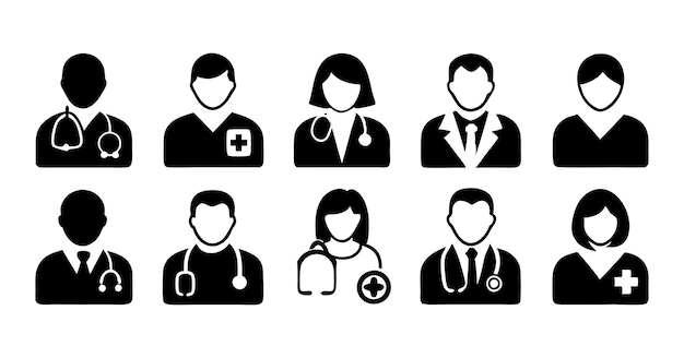 Colección de siluetas en blanco y negro con iconos médicos y de atención médica