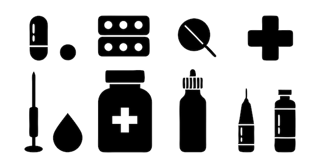 Colección de siluetas en blanco y negro con iconos médicos y de atención médica