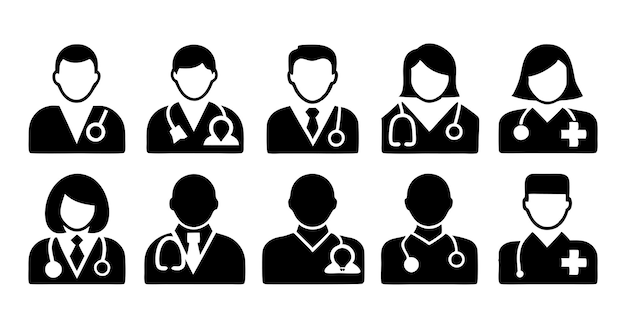 Colección de siluetas en blanco y negro con iconos médicos y de atención médica