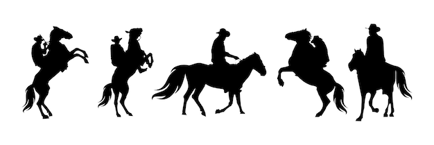 Colección de siluetas de caballos y vaqueros occidentales conjunto de ilustraciones vectoriales en blanco