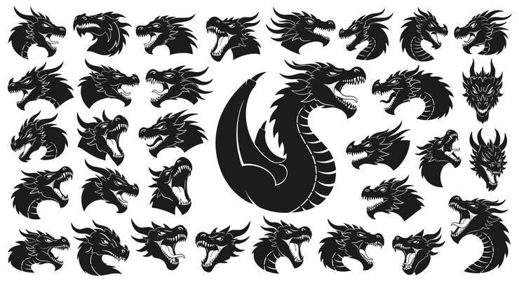 Colección de siluetas de cabezas de dragón