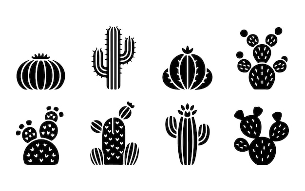 Colección de siluetas de cactus en blanco y negro