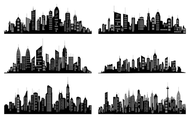 Colección de siluetas de ciudades negras horizonte horizontal en estilo plano aislado en blanco paisaje urbano con ventanas panorama urbano de la ciudad nocturna ilustración vectorial