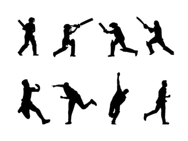 Colección de siluetas de cricket Vector Set bateador de cricket en acción y casco de cricket Stump Glov