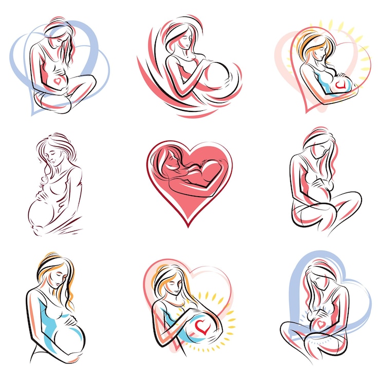 Vector colección de siluetas de cuerpo elegante de mujer embarazada, ilustración vectorial incompleta. concepto de amor y sentimiento suave. día de la madre.