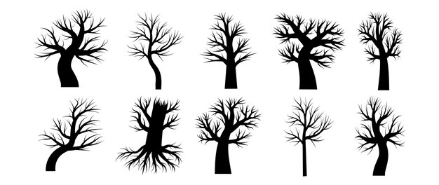 Colección de siluetas dibujadas de árboles sin hojas y follaje. El árbol está seco y muerto en invierno, primavera y otoño. Ilustración de vector en blanco y negro.