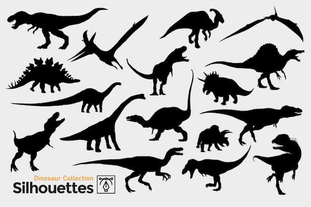 Colección de siluetas de dinosaurios prehistóricos.