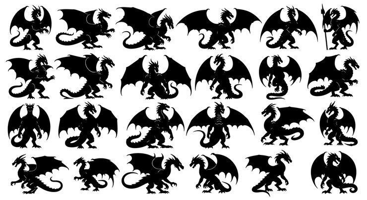Colección de siluetas de dragones en varias poses