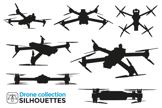 Colección de siluetas de drones aislados en diferentes vistas. Alto detalle. Recursos gráficos.