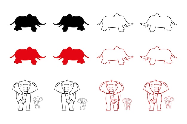 Vector colección de siluetas de elefantes dibujadas a mano con líneas vectoriales