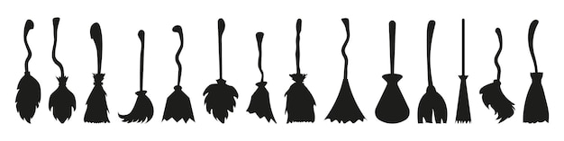 Colección de siluetas de escoba en negro Conjunto de íconos de escoba