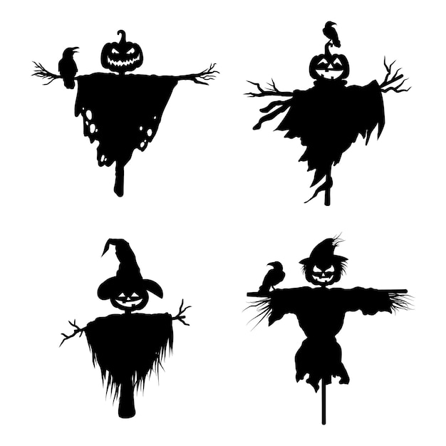 Colección de siluetas de espantapájaros, conjunto de iconos, elementos para el concepto de Halloween