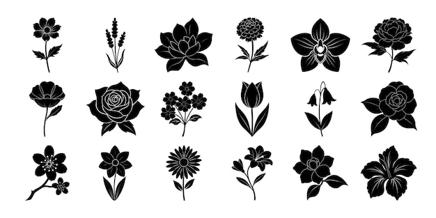 Colección de siluetas de flores en blanco y negro