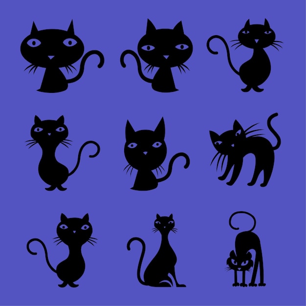 Vector colección de siluetas de gatos negros de halloween