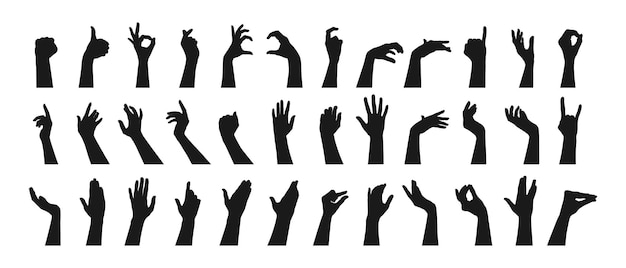 Colección de siluetas de gestos de manos Conjunto de diferentes gestos de mano Ilustración vectorial