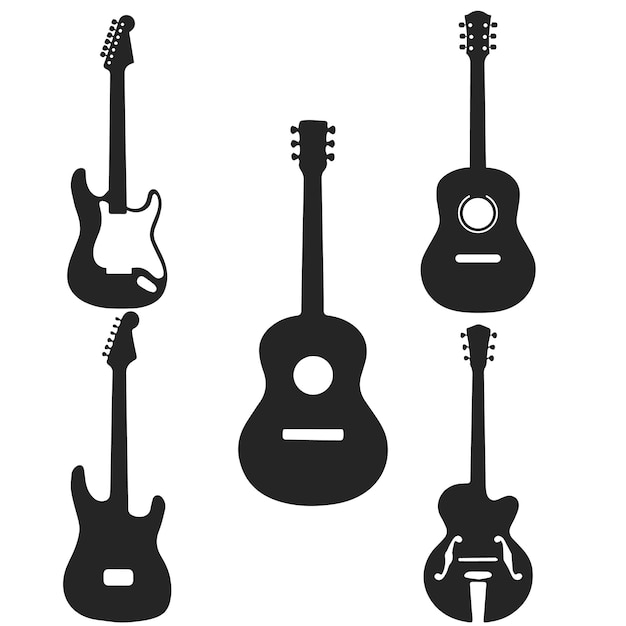 Colección de siluetas de guitarra clásica o eléctrica