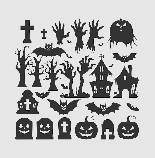 Colección de siluetas de Halloween Casa embrujada Árbol espeluznante Vector de calabazas brujas voladoras