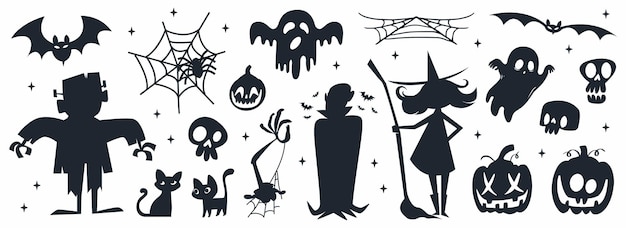 Colección de siluetas de Halloween icono y personaje bruja elementos espeluznantes y fantasmal