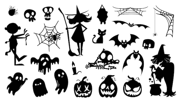 Colección de siluetas de Halloween icono y personaje bruja elementos espeluznantes y fantasmal
