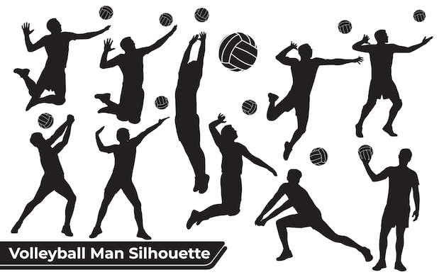 Colección de siluetas de hombre de jugador de voleibol en diferentes poses