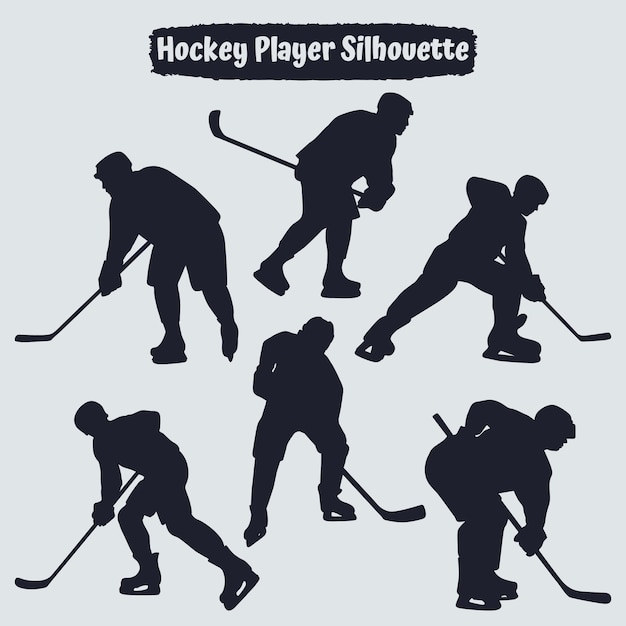 Vector colección de siluetas de jugadores de hockey en diferentes poses